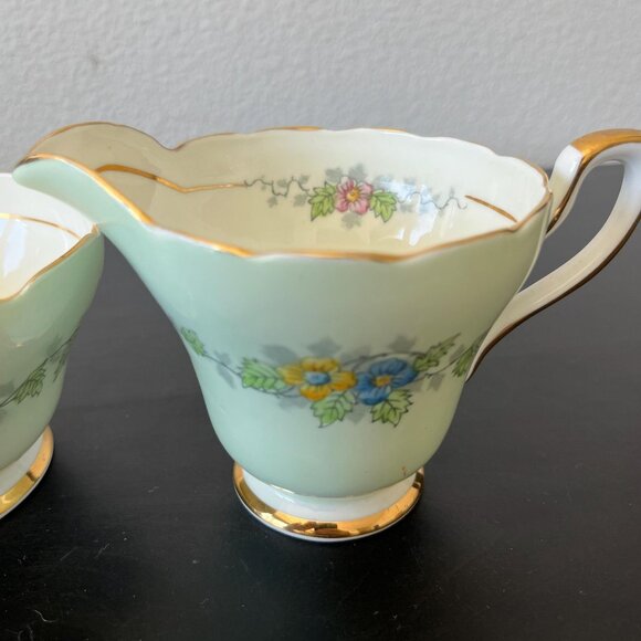 Mint Green Floral Sugar & Creamer Set // Delphine China England // Floral Design - Picture 2 of 7